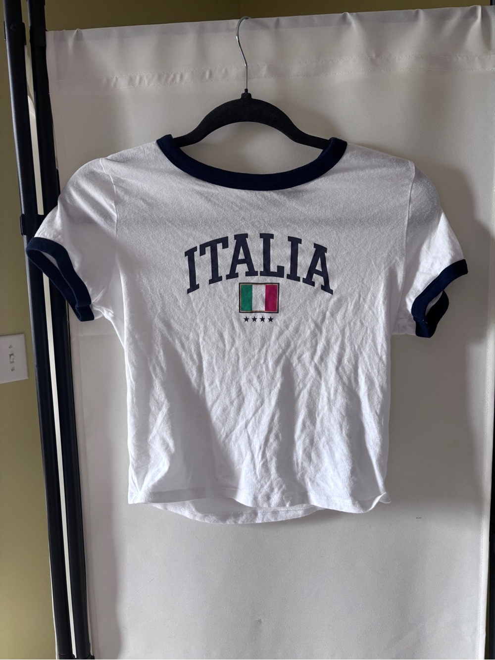 Hollister Italia Ringer Baby Tee with Flag Graphic - White & Navy